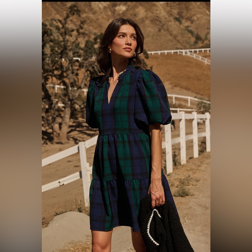 SUGARLIPS Hudson Plaid Jacey Babydoll Mini Dress XL NWT Navy Green Puff Sleeve